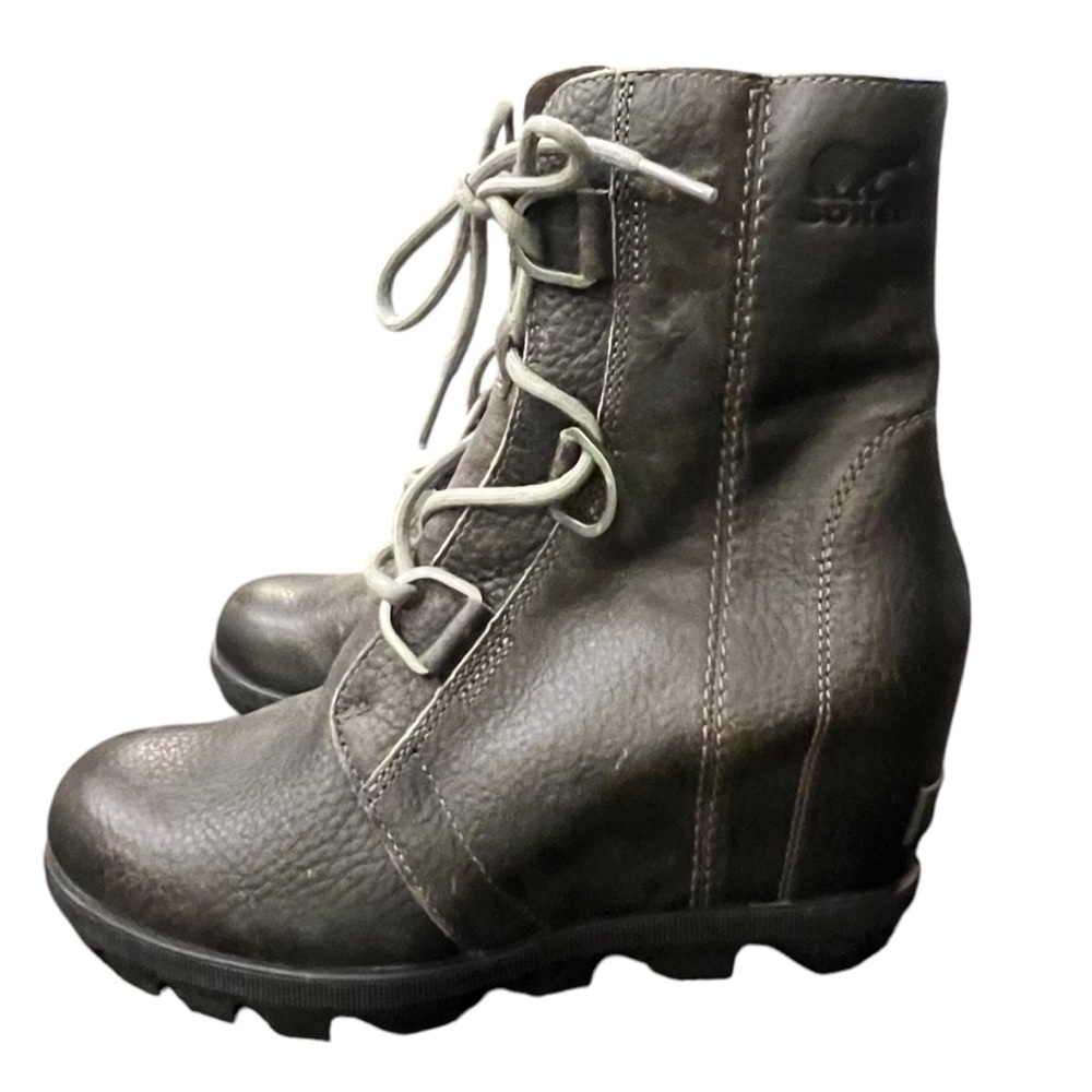 Sorel Joan Of Arctic II Boot Sz 7.5 Wedge Hidden Heel Lace Up Gray Leather $240